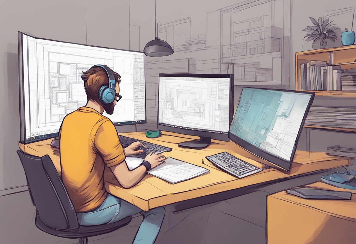 A game designer sketches out a detailed game concept, while a game developer brings the concept to life through coding and programming