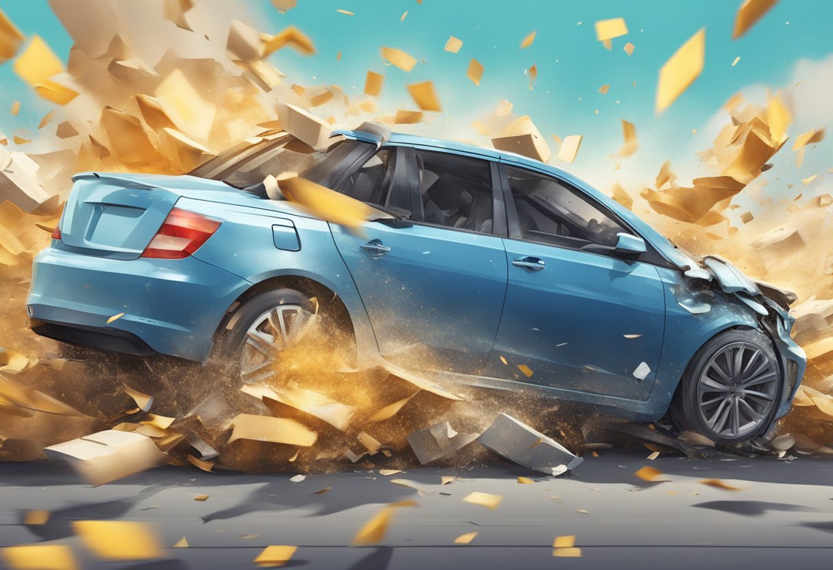 A car smashes into a wall, sending debris flying. Another vehicle spins out of control, creating a chaotic collision scene