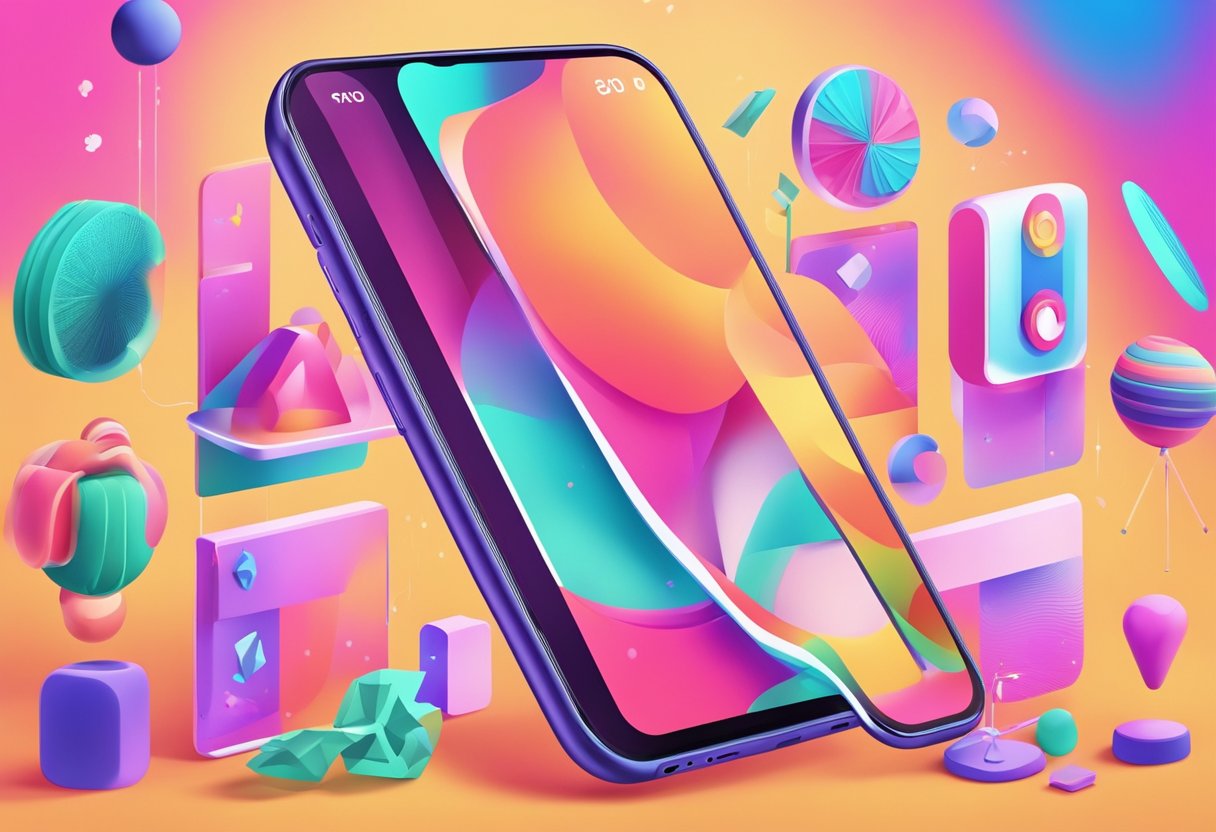 A smartphone displaying a TikTok ad with interactive elements, surrounded by playful graphics and vibrant colors